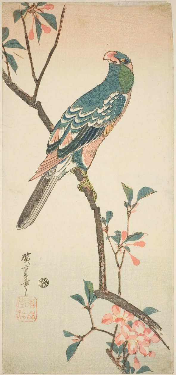 ببغاء على فرع مزهر بواسطة Utagawa Hiroshige