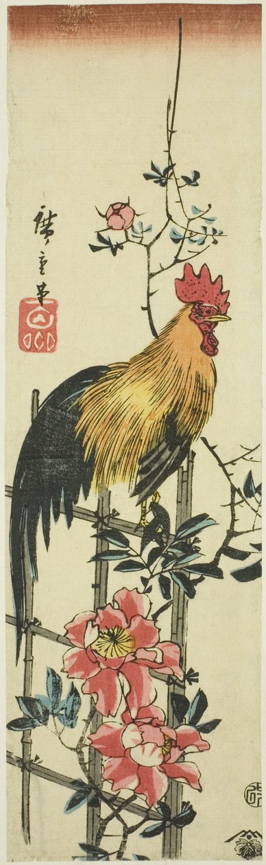 الديك يجلس على تعريشة الورد بواسطة Utagawa Hiroshige