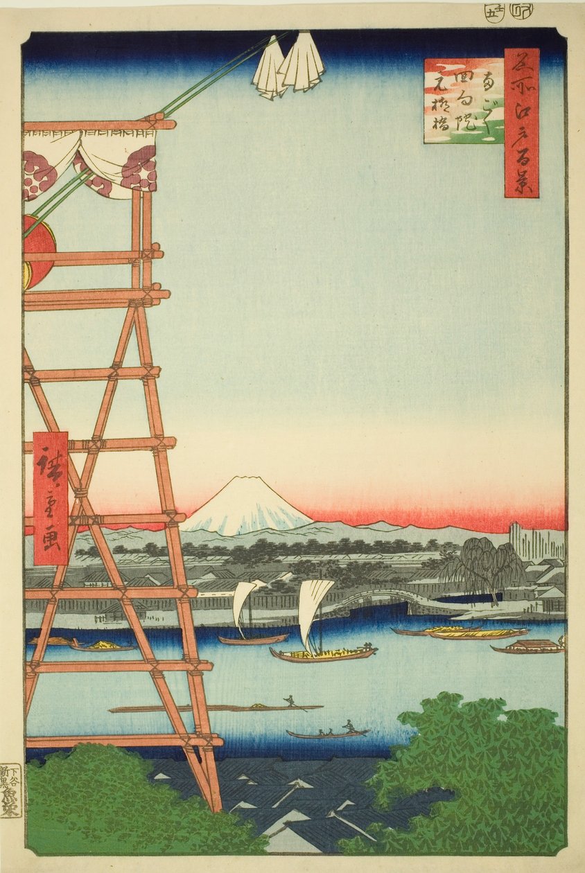 فكرة Rokoku البيئية للعضو d Yuan Yanagi Bri dge (عضو Rokoku صديق البيئة Yuan Yanagibashi) ، من te serie s "Ridge لمناظر التلال لإيدو (مائة منظر مشهور لإيدو)" بواسطة Utagawa Hiroshige
