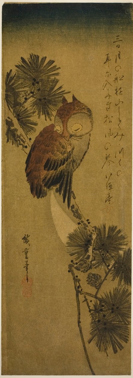 البومة ذات القرون الصغيرة والصنوبر والقمر بواسطة Utagawa Hiroshige