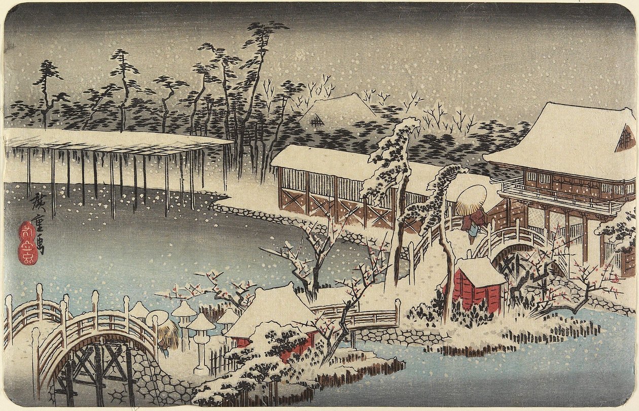 ثلوج على أرض ضريح كاميدو تينمان ، 1832-1834 بواسطة Utagawa Hiroshige