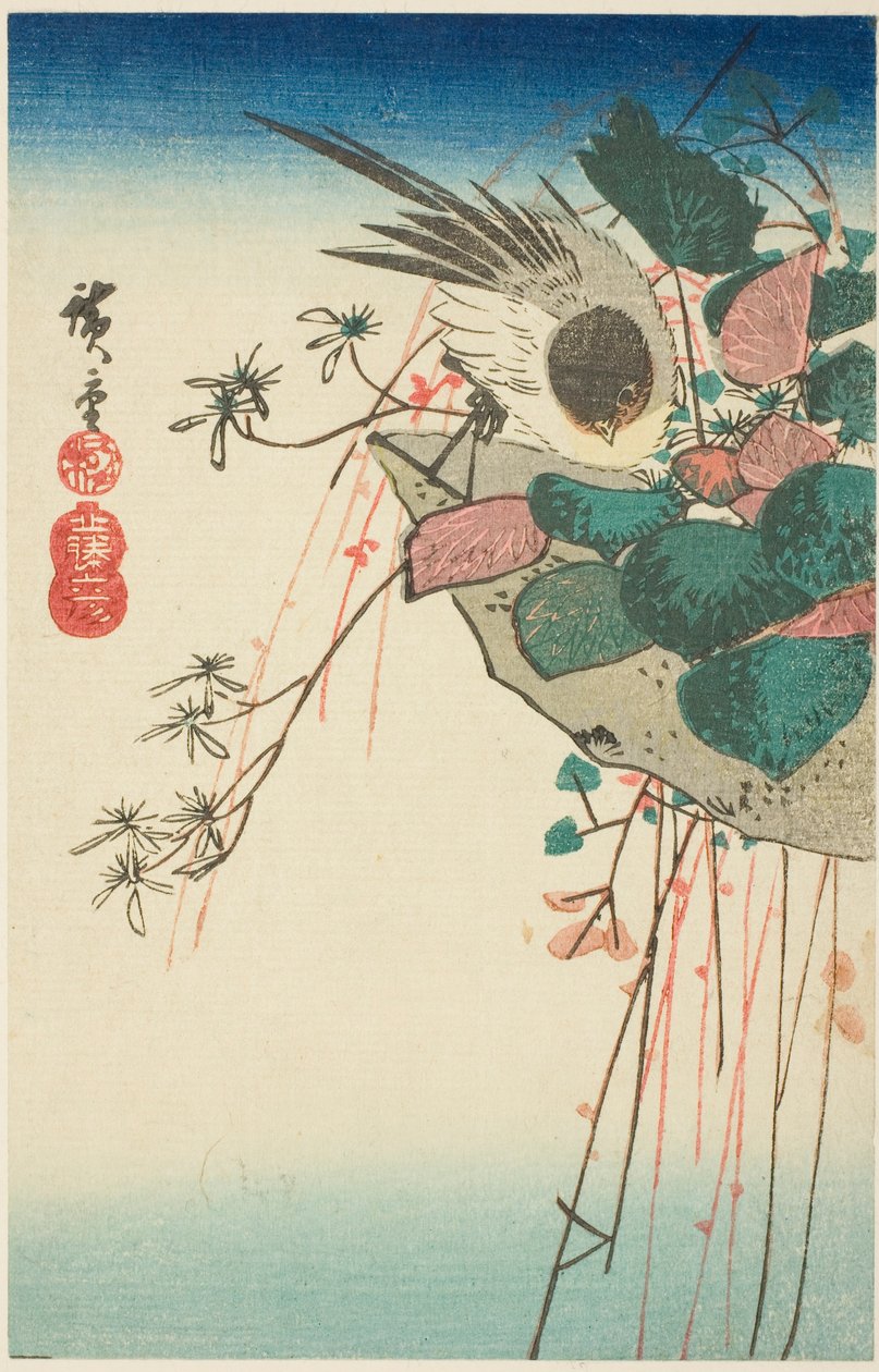 عصفور على زارع معلق بواسطة Utagawa Hiroshige