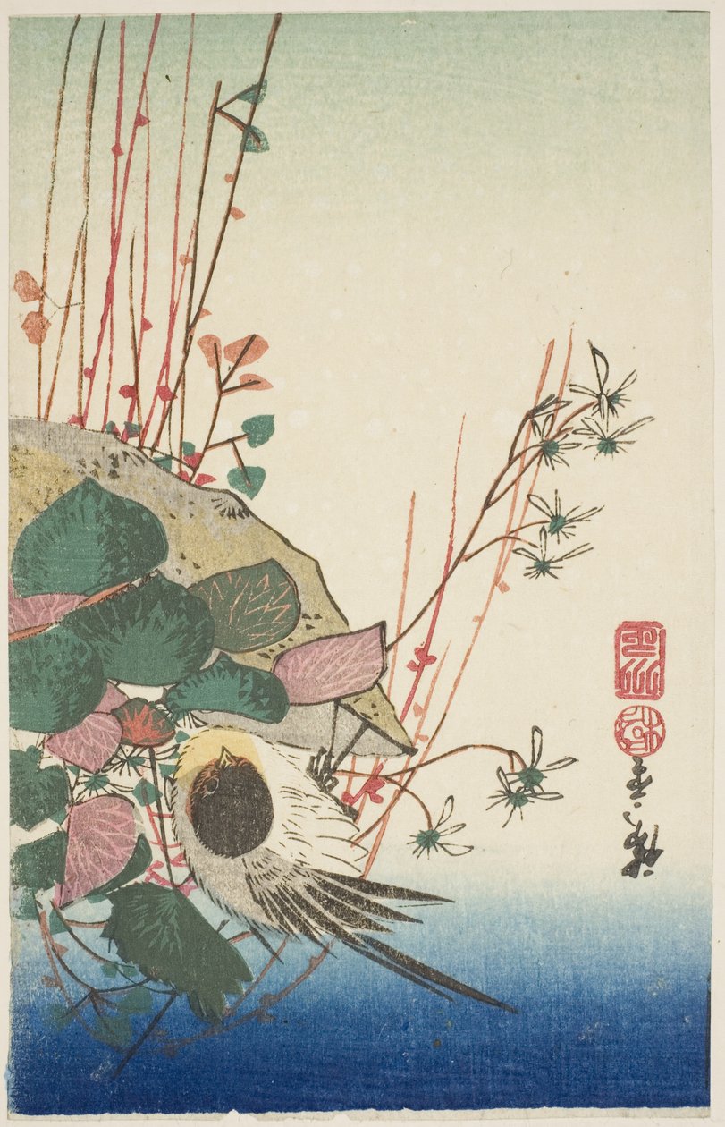 عصفور على زارع معلق بواسطة Utagawa Hiroshige