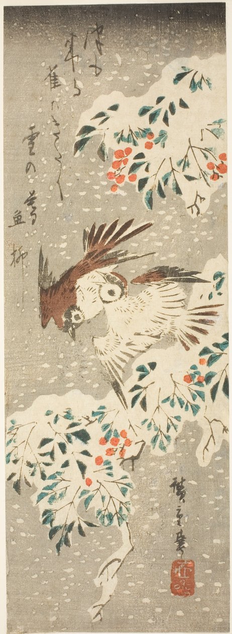 العصافير تتساقط حول ناندينا المغطاة بالثلوج بينما يتساقط المزيد من الثلج بواسطة Utagawa Hiroshige