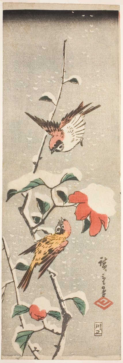 العصافير والكاميليا في الثلج بواسطة Utagawa Hiroshige