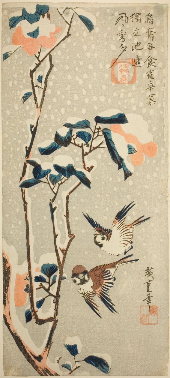 العصافير والكاميليا في الثلج بواسطة Utagawa Hiroshige