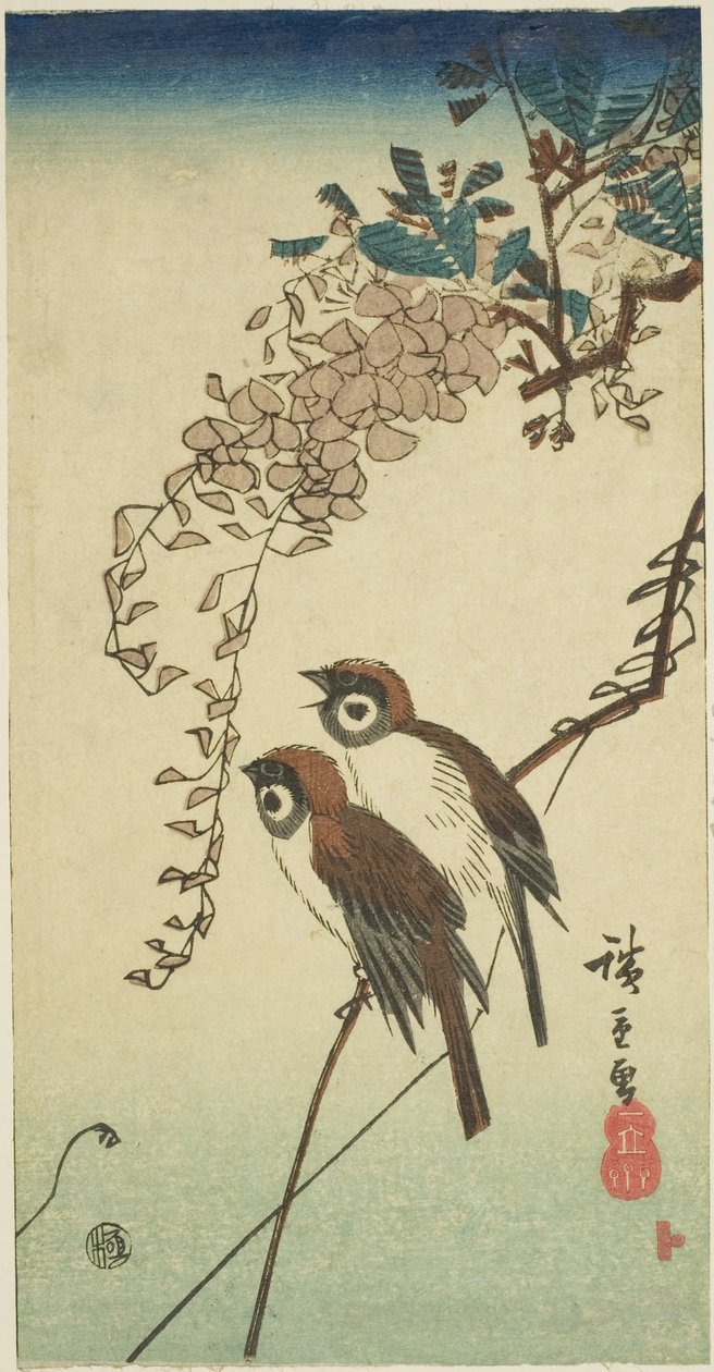 العصافير والستارية بواسطة Utagawa Hiroshige