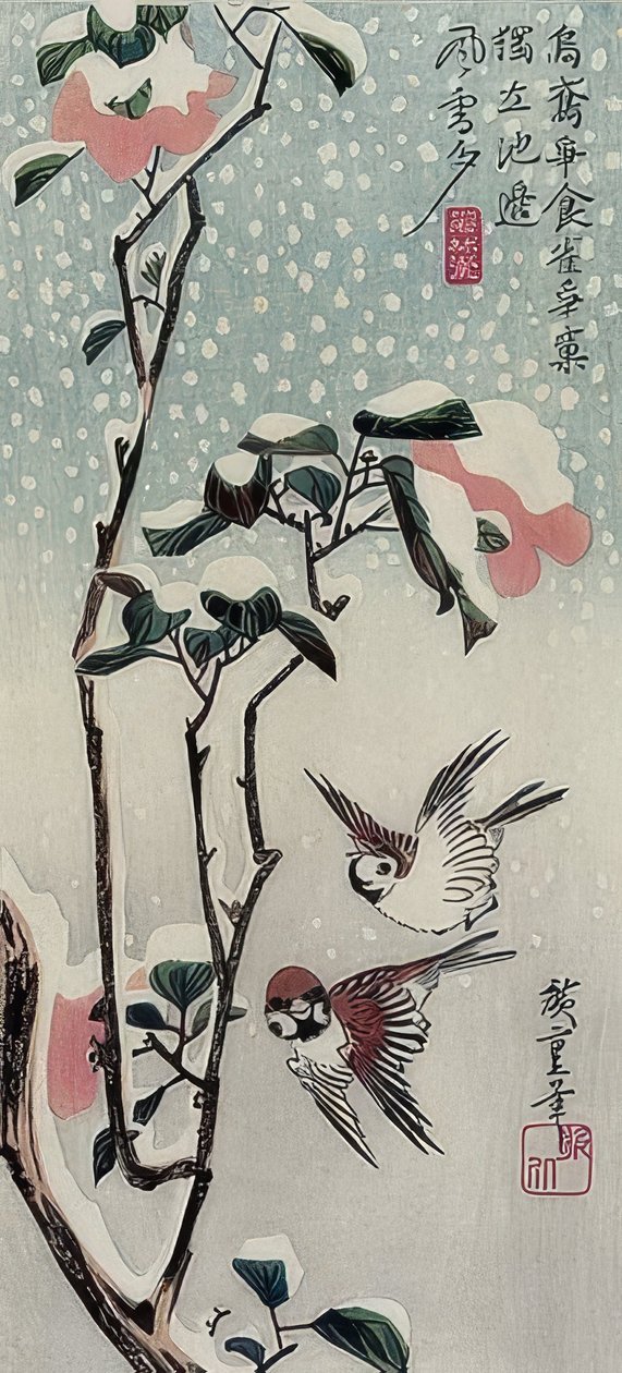 العصافير والكاميليا في الثلج بواسطة Utagawa Hiroshige