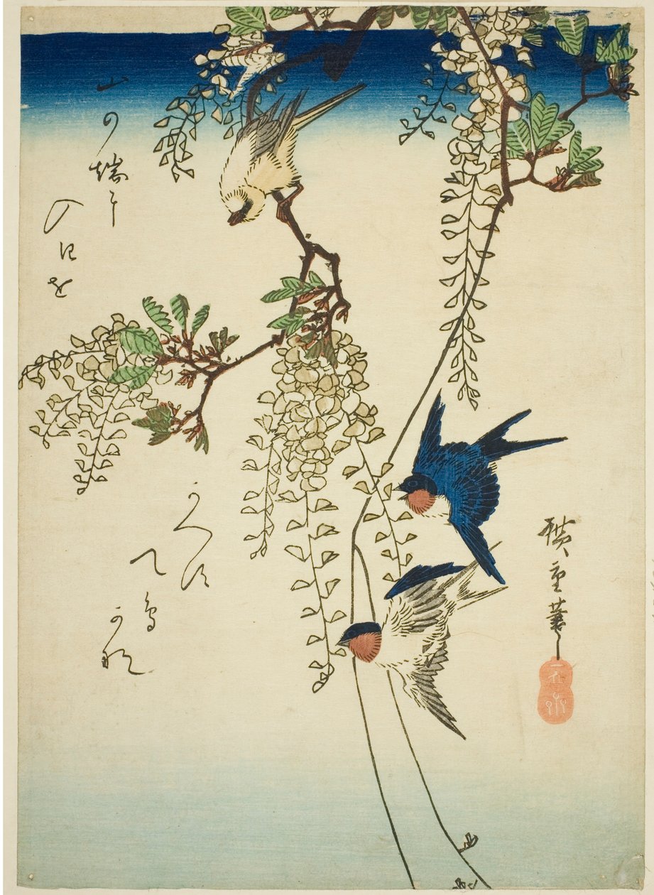 السنونو ، الطائر الأصفر ، والستارية بواسطة Utagawa Hiroshige