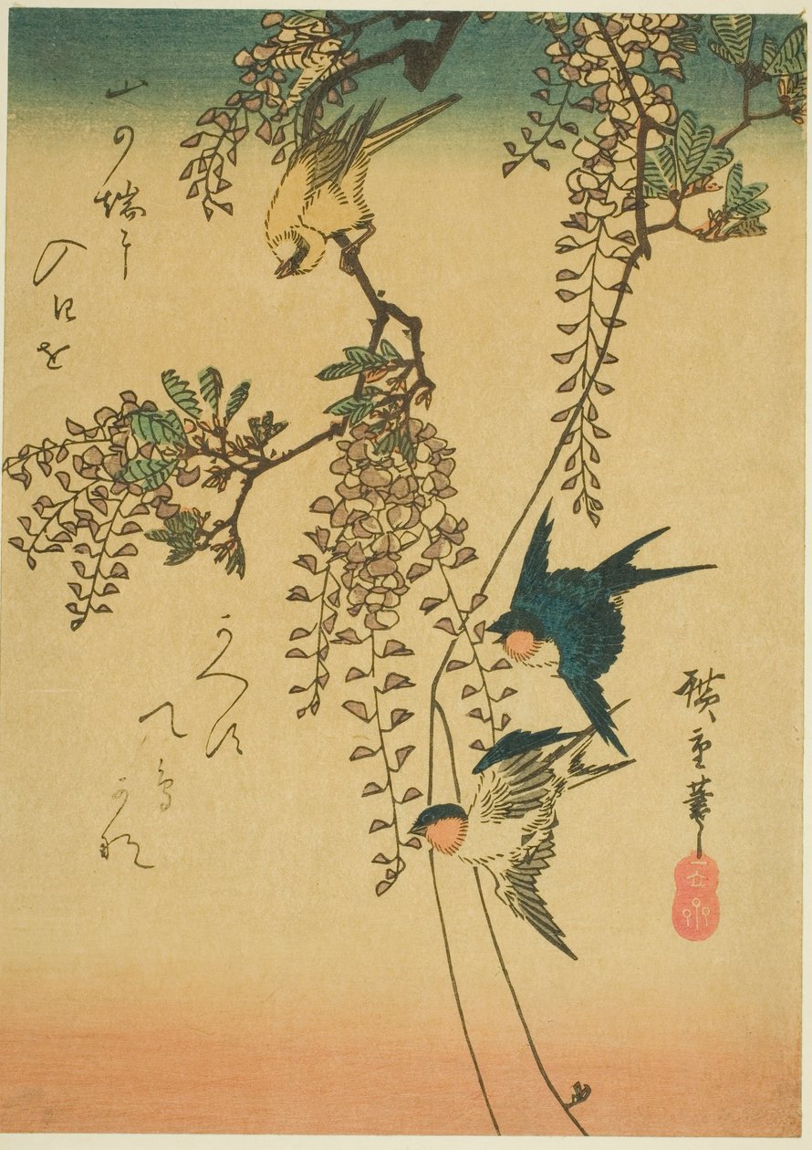 السنونو ، الطائر الأصفر ، والستارية بواسطة Utagawa Hiroshige