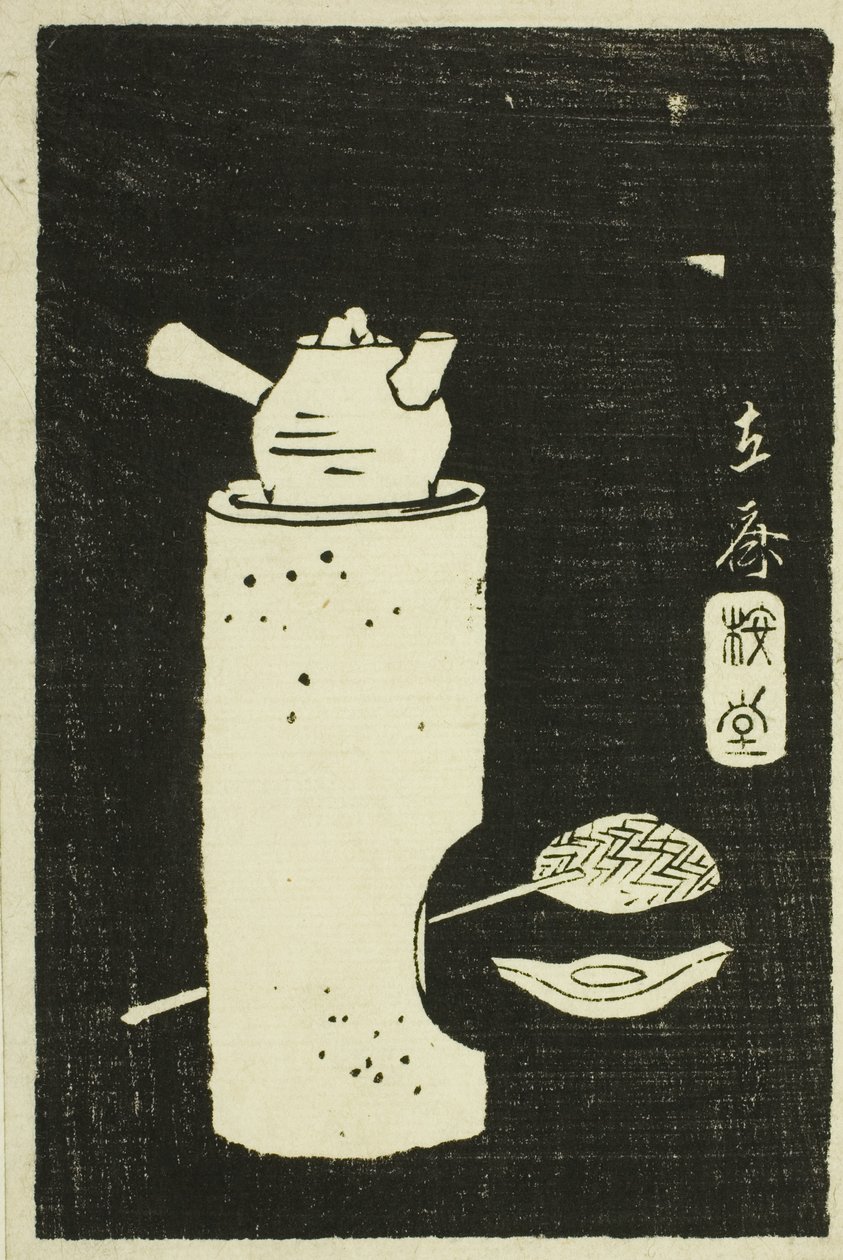 غلاية الشاي ، قسم من ورقة من سلسلة "مرآة الكشكشة الحجرية لمناظر المقاطعات" (Kohon meihitsu ishizuri kagami) بواسطة Utagawa Hiroshige