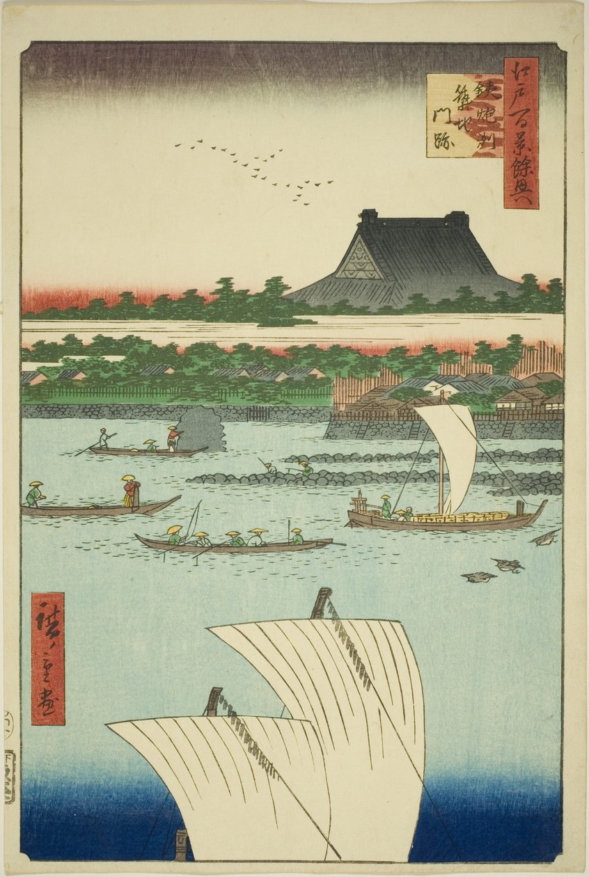 معبد Teppozu و Tsukiji Honganji (Teppozu Tsukiji Monzeki) ، من سلسلة "ملحق مائة منظر مشهور لإيدو (Edo hyakkei yokyo)" بواسطة Utagawa Hiroshige
