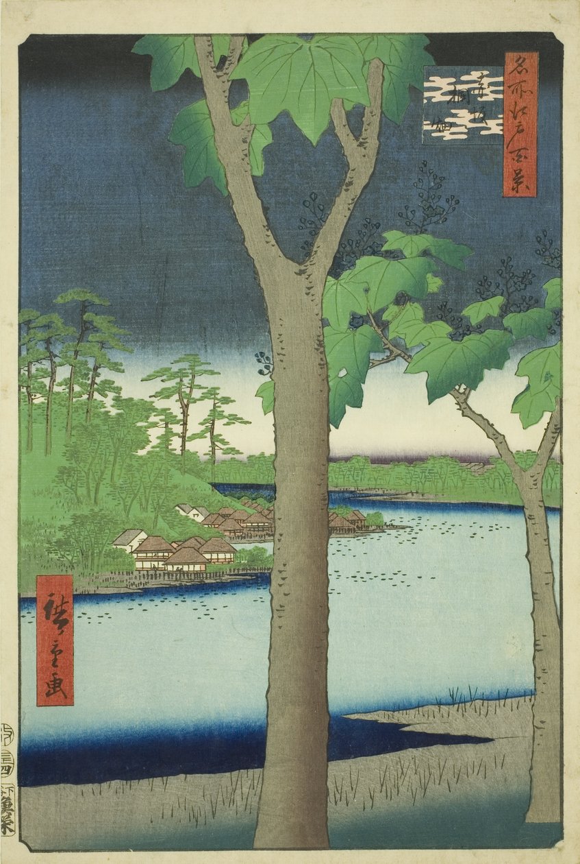 Te Paow nia Grove at Akasaka (Akasaka Kirihata) ، من سلسلة te `` Ridges for d re d f s views of Edo (مائة منظر مشهور لإيدو) " بواسطة Utagawa Hiroshige