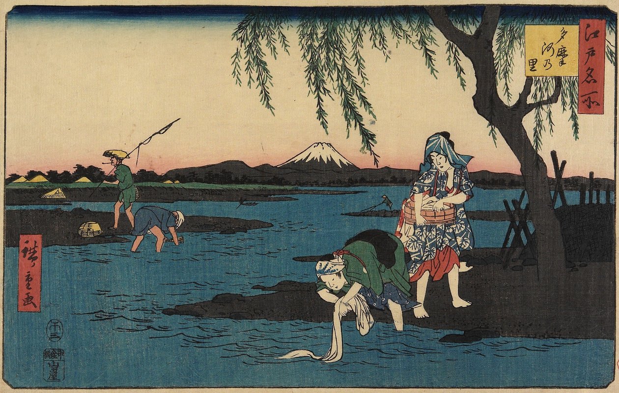 قرية بجوار نهر تاماغاوا ، مارس ١٨٥٨ بواسطة Utagawa Hiroshige