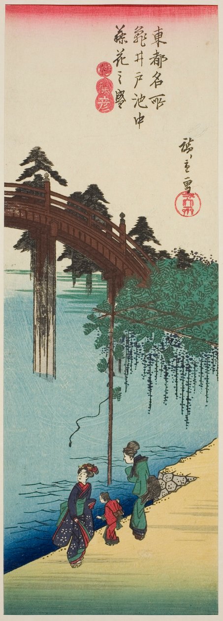 الوستارية في ازدهار كامل فوق البركة في ضريح كاميدو (Kameido ike chu fujibana no sakari) ، من سلسلة "الأماكن الشهيرة في العاصمة الشرقية (توتو ميشو)" بواسطة Utagawa Hiroshige