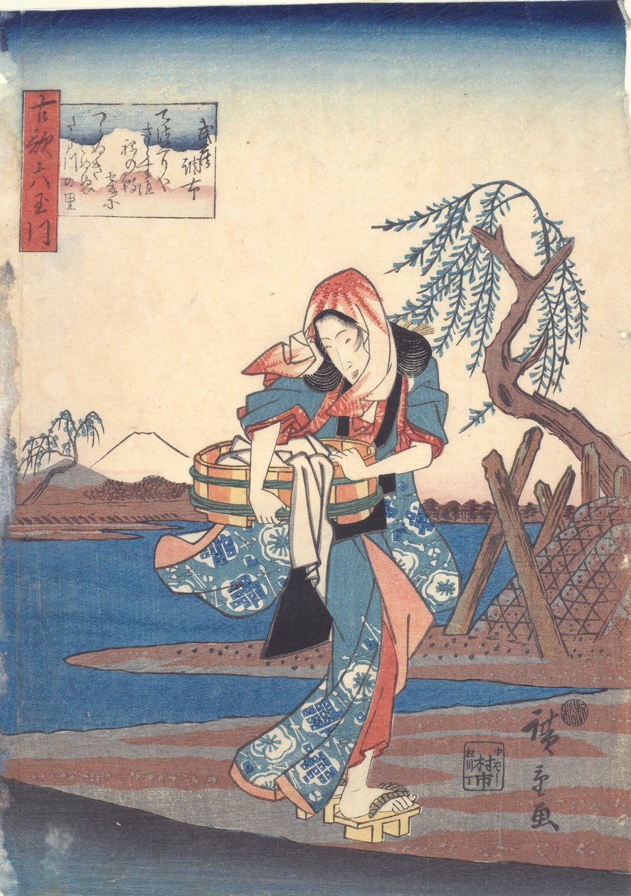 امرأة تغسل الملابس على ضفاف نهر تشوفو: ستة أنهار تاما بواسطة Utagawa Hiroshige