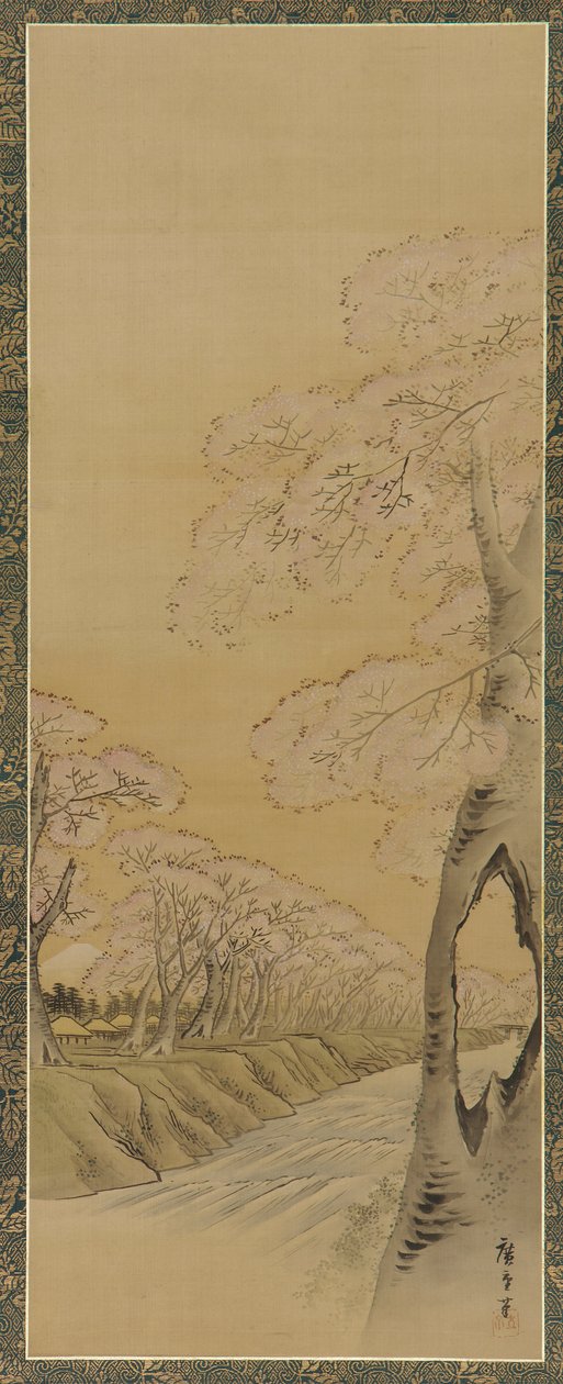 منظر طبيعي: أزهار الكرز على ضفاف مجرى مائي ، فترة إيدو ، 1615-1868. بواسطة أوتاغاوا هيروشيغي الثاني