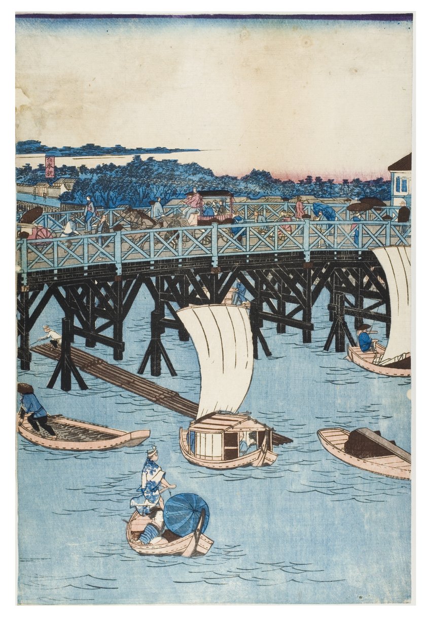 أشهر الأماكن في طوكيو ، منظر حقيقي لجسر ريوجوكو بواسطة Utagawa II Hiroshige