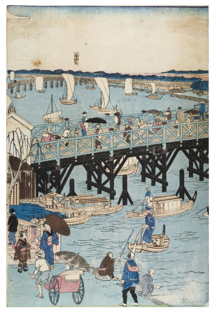 أشهر الأماكن في طوكيو ، منظر حقيقي لجسر ريوغوكو بواسطة Utagawa II Hiroshige