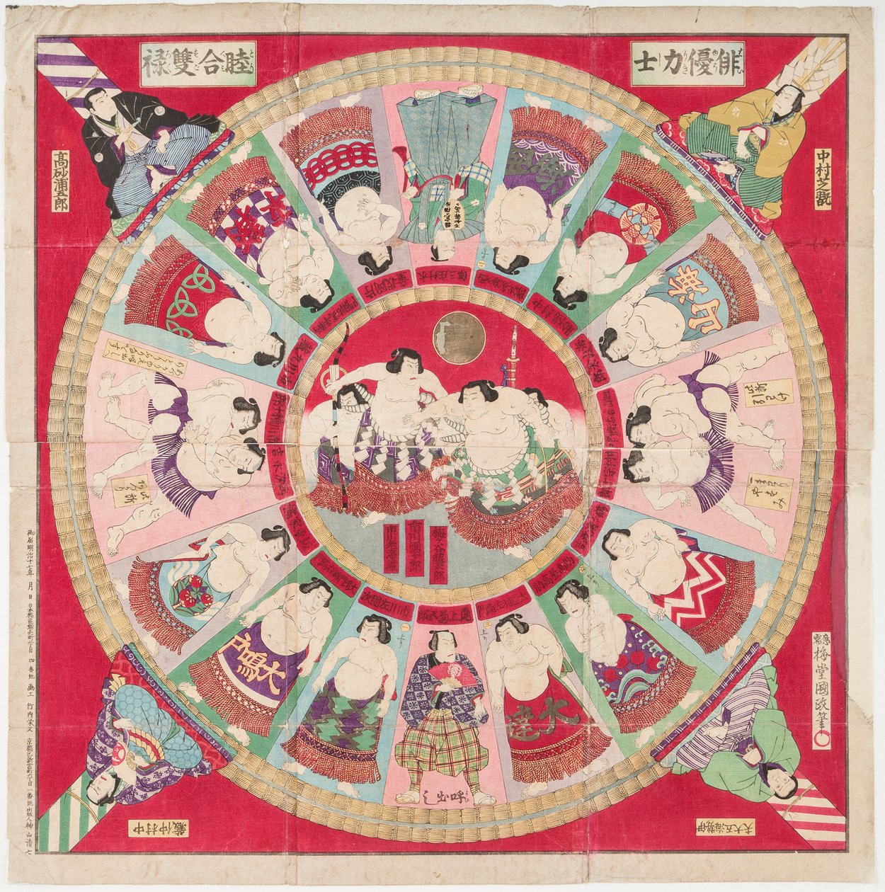 لعبة Sugoroku (لعبة لوحية تقليدية حيث تم تزيين اللوحة بمصارعين السومو ومشهد قتال). طباعة بواسطة Utagawa Kunisada II (1848-1920) - لعبة Sugoroku ، بقلم Kunisada III (Kunimasa IV) ، Utagawa (1848-1920). قطع خشبية ملونة. البعد : بواسطة أوتاغاوا الرابع كونيماسا