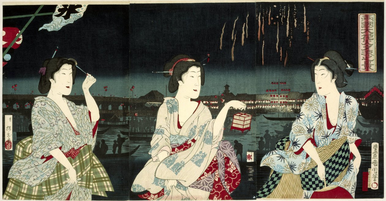 الاستمتاع بنسيم المساء أثناء الألعاب النارية في Ryogoku Ryogoku hanabi yusuzumi no kei (العنوان على الكائن) بواسطة أوتاغاوا كونيتشيكا