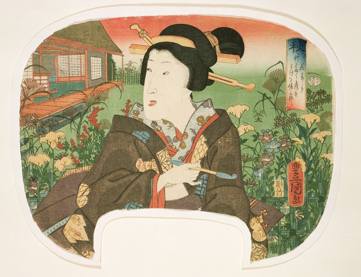 الخريف ، Hanayashiki: غيشا مع ماسورة ، تصميم لمروحة من مجموعة من أربعة توضح الفصول ، 1858-60 (طبعة خشبية) بواسطة أوتاغاوا كونيسادا
