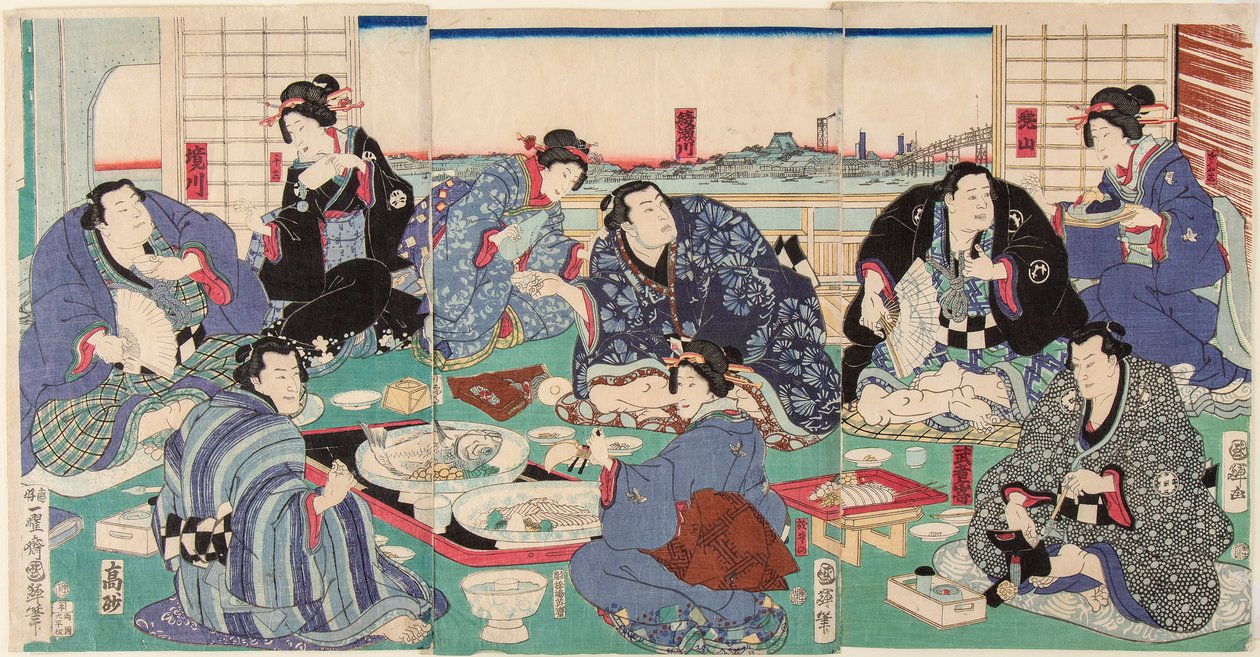 مصارع السومو Sakaigawa Namiemon (إلى اليسار) مع مصارعين آخرين وغييشا في وجبة احتفالية. طباعة كونيتيرو ، أوتاغاوا (1808-1876) بواسطة Utagawa Kuniteru