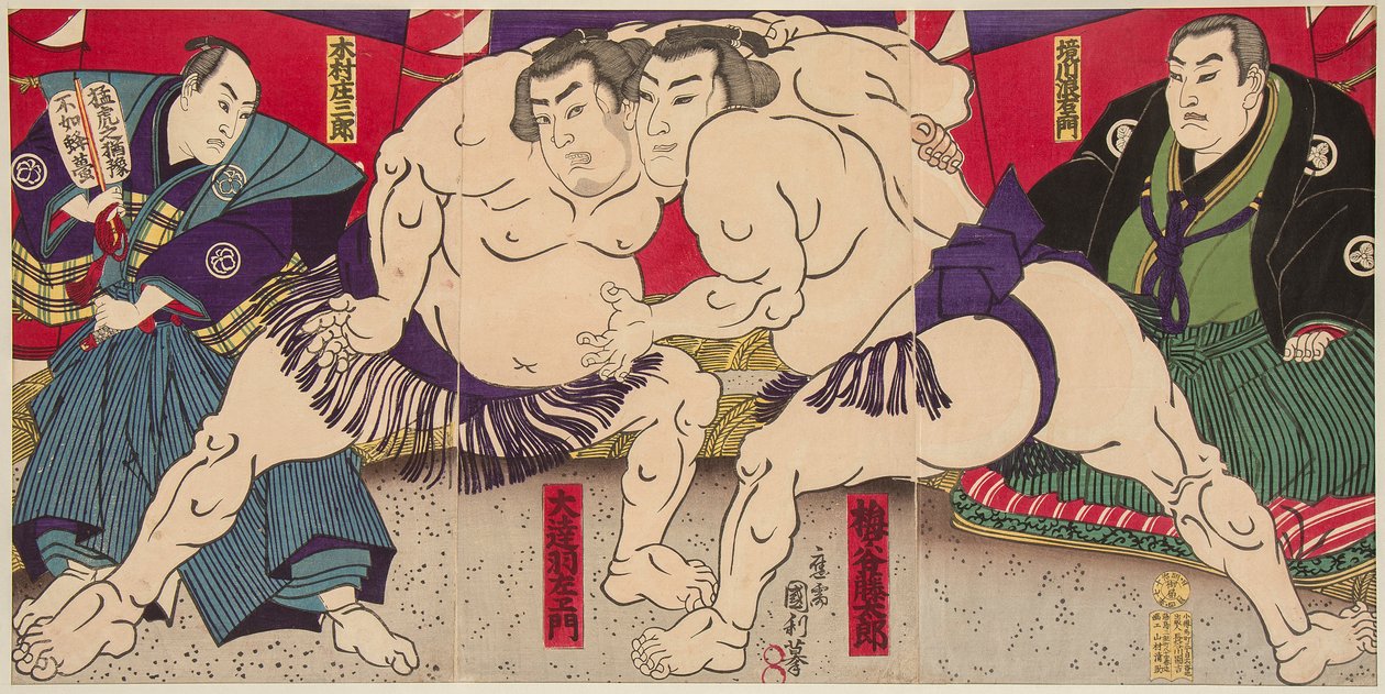 Combat des lutteurs de sumo Umegatani Rodachi et Kimura Shonosuke. 38x72،5 بواسطة أوتاغاوا كونيتوشي