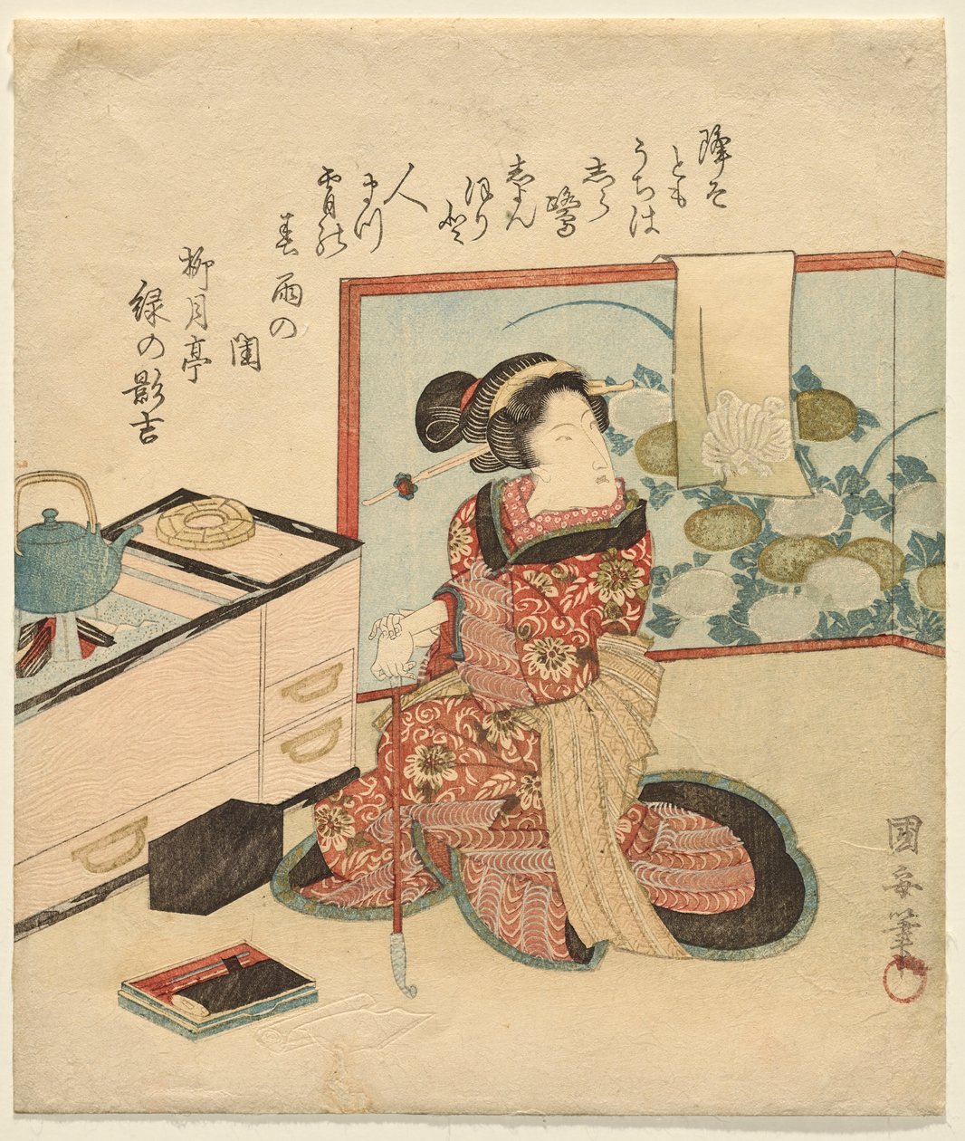 امرأة تنتظر متكئة على أنبوب بواسطة Utagawa Kuniyasu