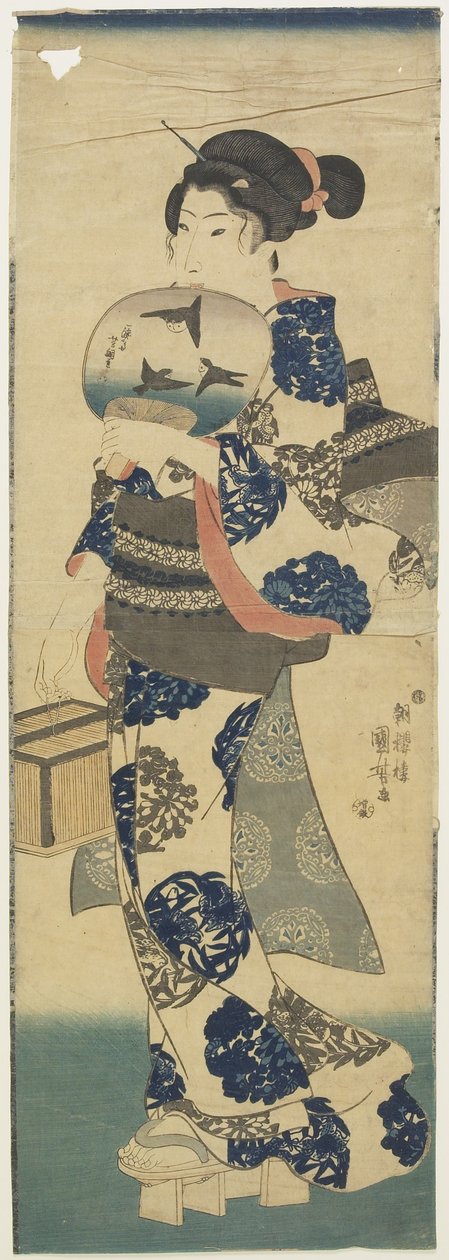 (امرأة مع مروحة وكريكيت قفص) ، 1843-1847 بواسطة Utagawa Kuniyoshi