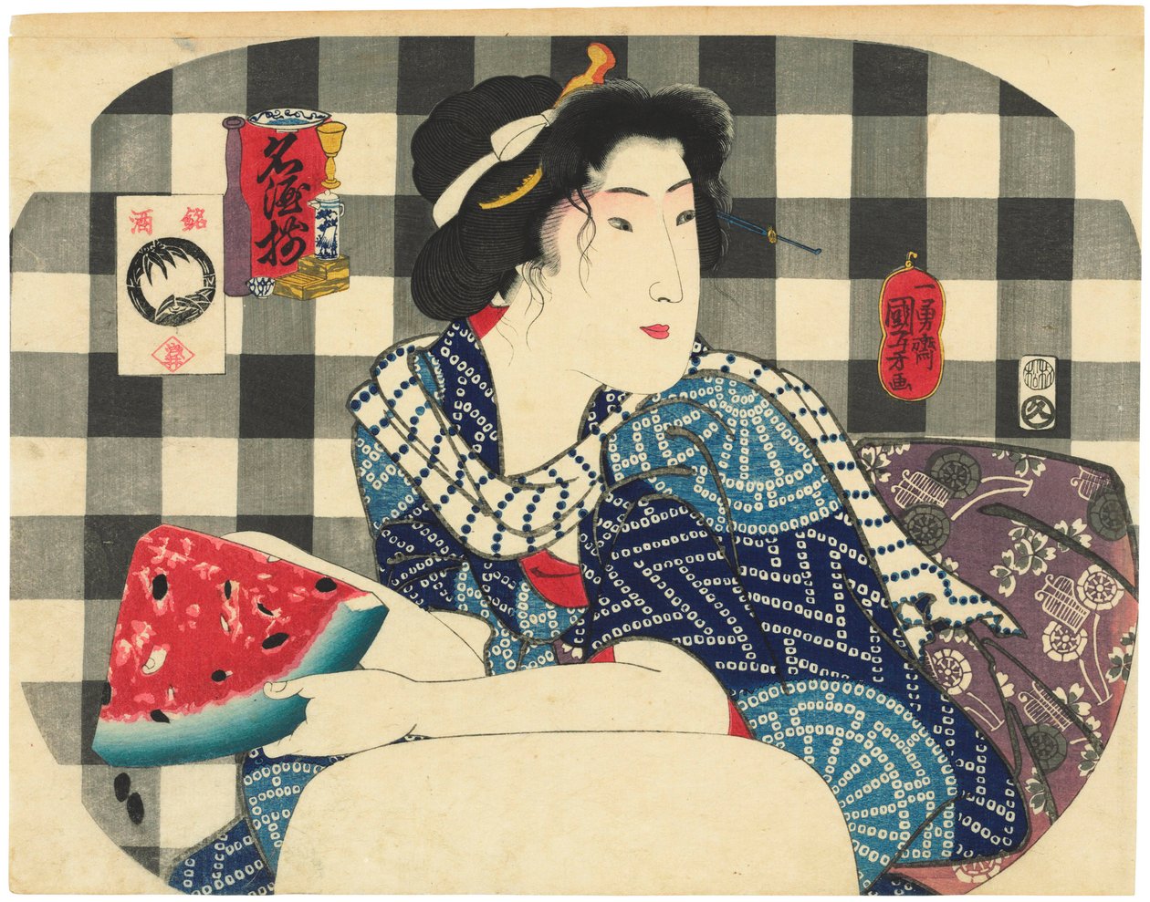 امرأة تحمل شريحة بطيخ من مسلسل Brands of Sake (Meishu zoroi) بواسطة Utagawa Kuniyoshi