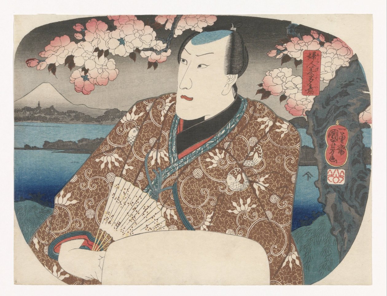 ممثل مع مروحة تحت زهرة الكرز بواسطة Utagawa Kuniyoshi
