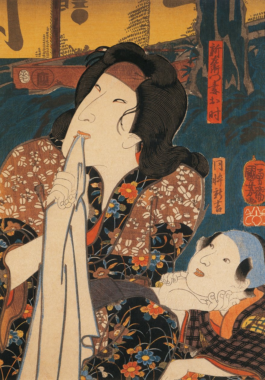 ممثل متأمل بجانب طفل ، بواسطة أوتاغاوا كونيوشي ، نقش خشبي بواسطة Utagawa Kuniyoshi