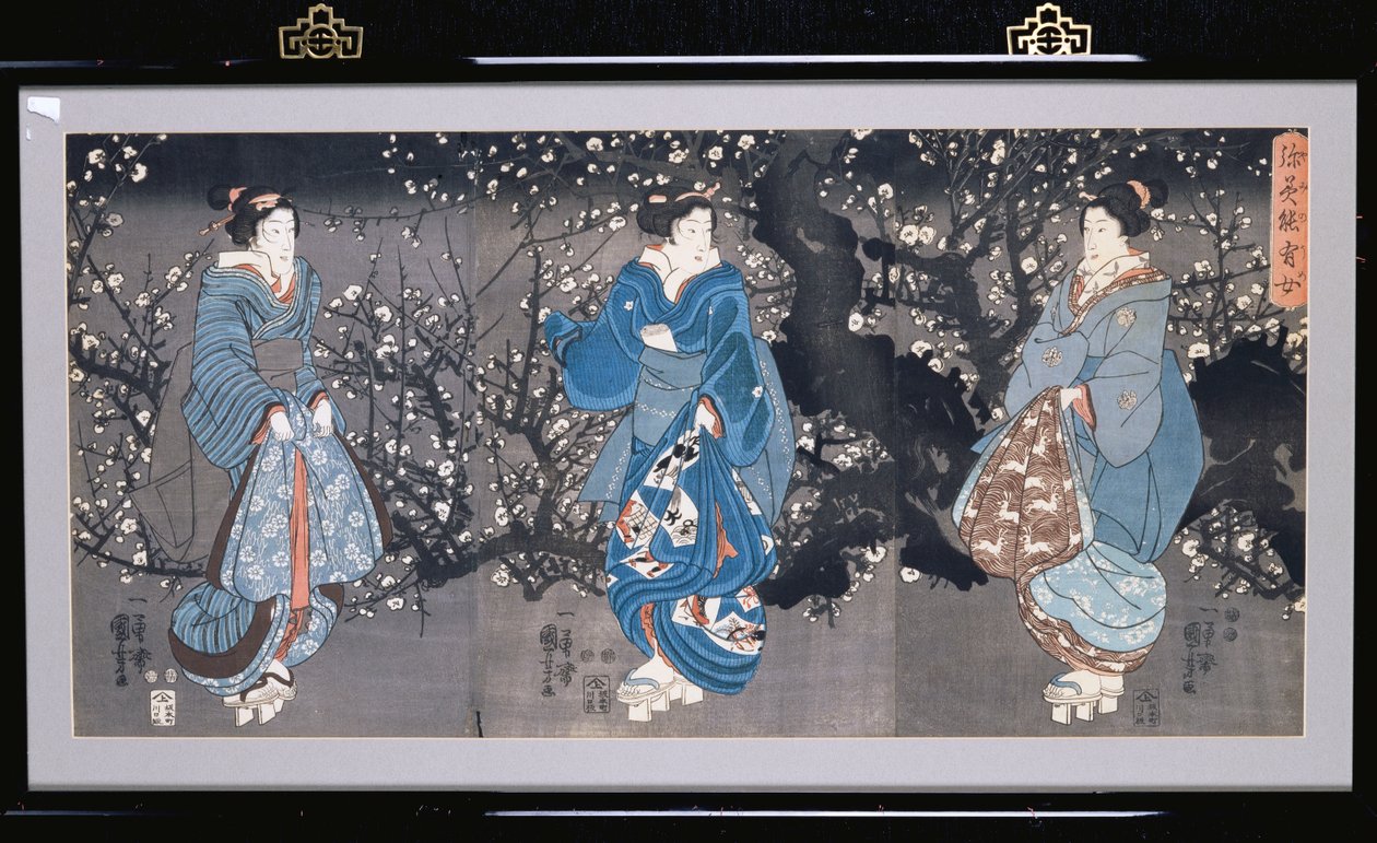 ثلاثية oban تصور مشهد ليلي مع ثلاثة Bijin بواسطة Utagawa Kuniyoshi