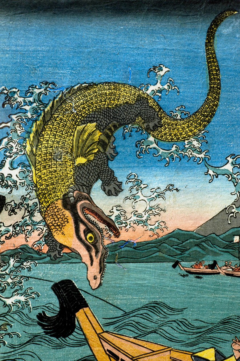 قتال أساهينا يوشيهيدي مع تمساحين في البحر قبالة كاماكورا كوتسوبو بواسطة Utagawa Kuniyoshi