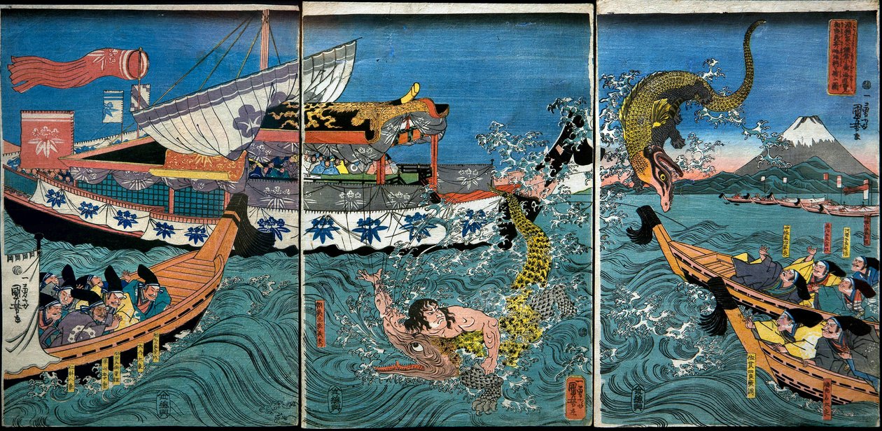 قتال أساهينا يوشيهيدي مع تمساحين في البحر قبالة كاماكورا كوتسوبو بواسطة Utagawa Kuniyoshi