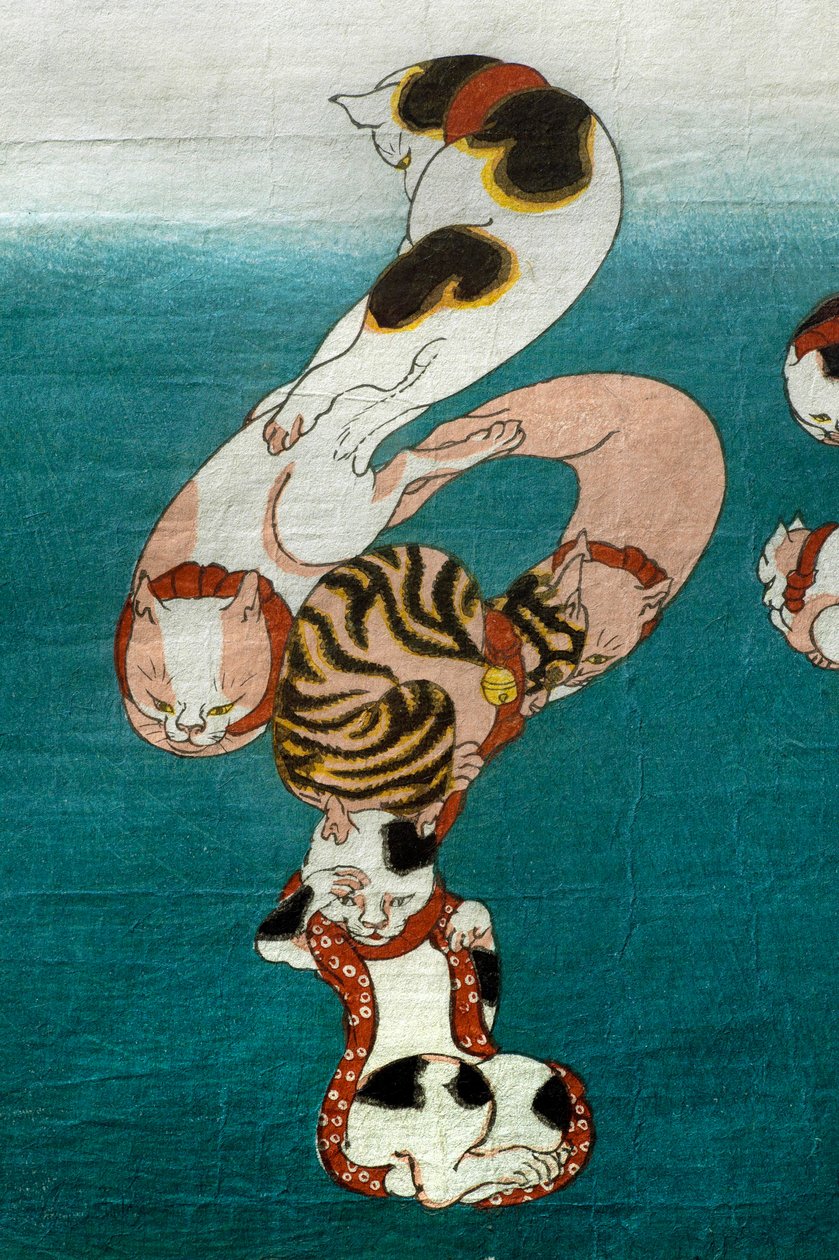 سلسلة أسماك البالون (Fugu) تشكل شخصيات مكتوبة (Neko no ateji) ، حوالي عام 1842 بواسطة Utagawa Kuniyoshi