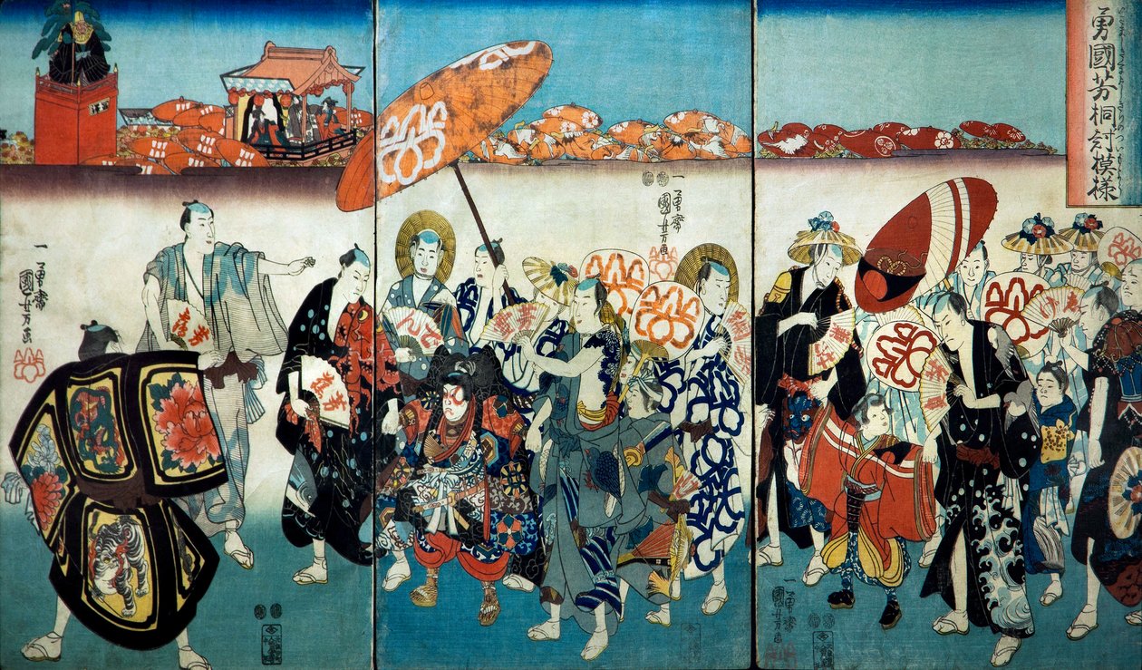 كونيوشي الشجاع بتصميم بولونيا (Isamashiki Kuniyoshi kiri no tsuimoyō) 1848 بواسطة Utagawa Kuniyoshi