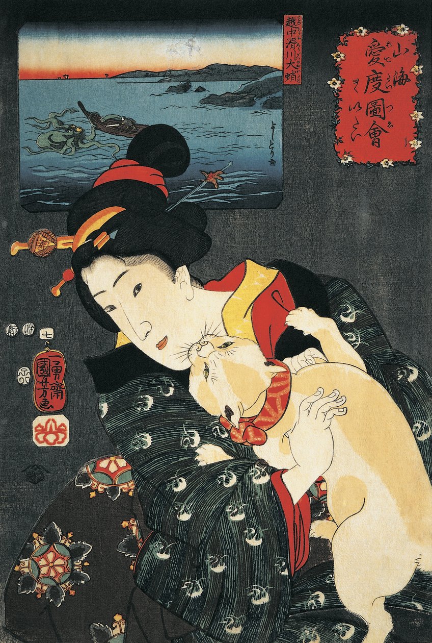 لقطة مقرّبة لامرأة شابة مع قطة بين ذراعيها بواسطة Utagawa Kuniyoshi