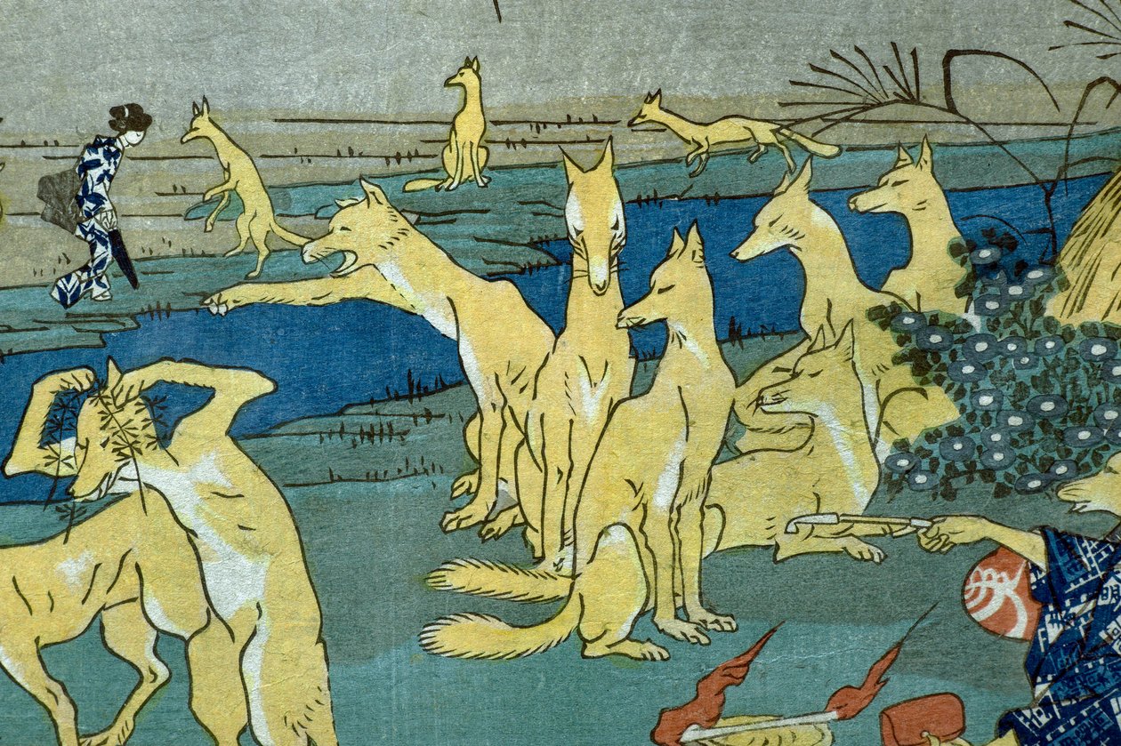 ثعالب هزلية تمارس تغيير الشكل (Dōke kitsume henge no keiko) ، حوالي عام 1842 بواسطة Utagawa Kuniyoshi