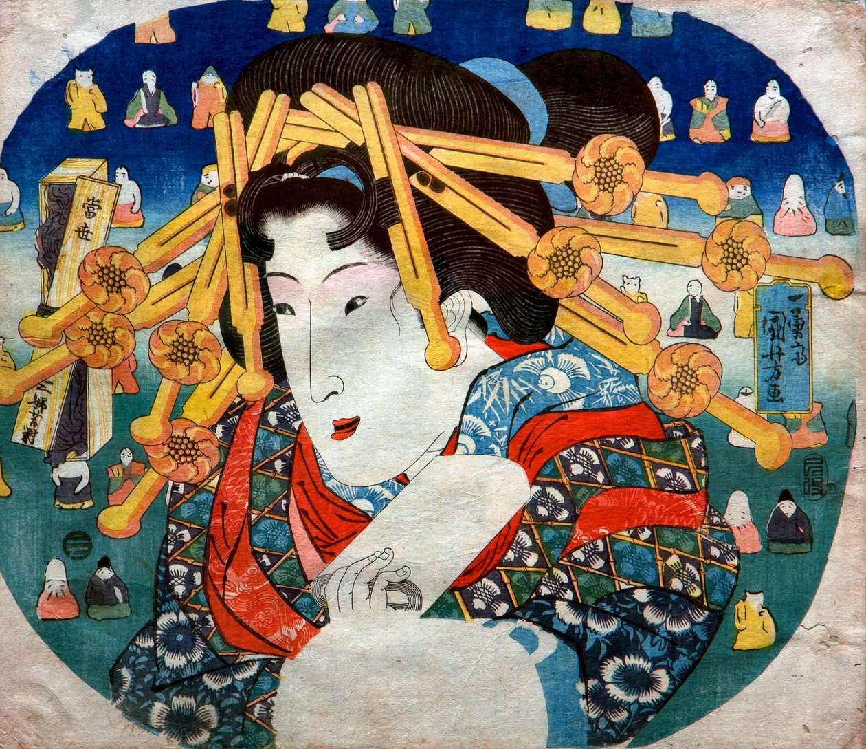 سلسلة المحظيات: المشقات الثلاث الحديثة للنساء (Tōsei sanpukutsui) ، حوالي 1833 بواسطة Utagawa Kuniyoshi