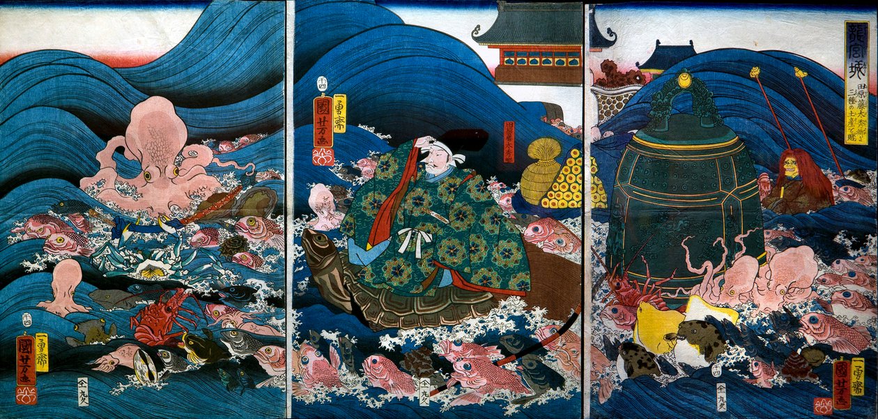 Dragon Palace Dragon King يقدم ثلاث هدايا إلى Tawara Tōda Hidesato (Ryūgūjō بواسطة Utagawa Kuniyoshi