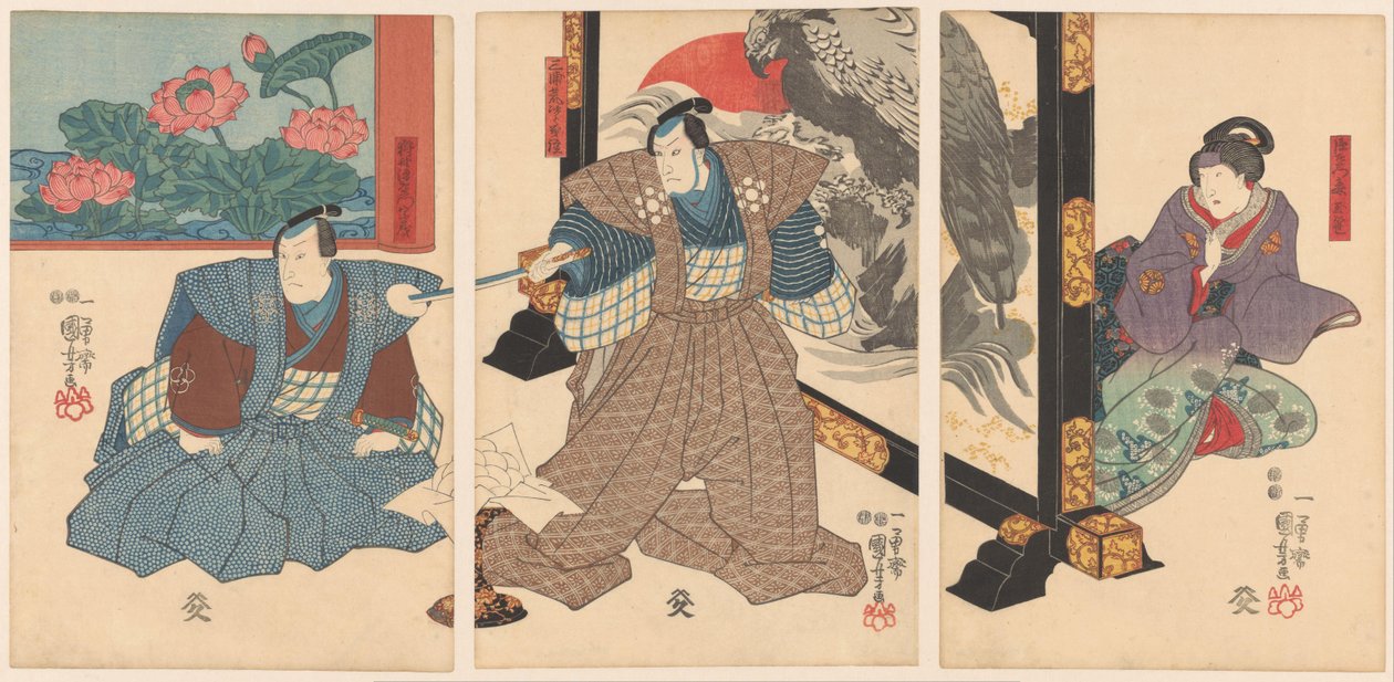 ثلاثة ممثلين على شاشة قابلة للطي بواسطة Utagawa Kuniyoshi