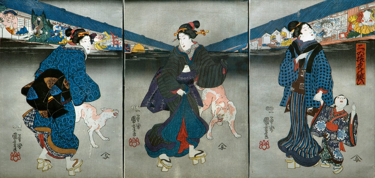 احتفالات ثلاثة قرود في الليل (ميتسو نو سارو يورو نو نيجيواي) بواسطة Utagawa Kuniyoshi