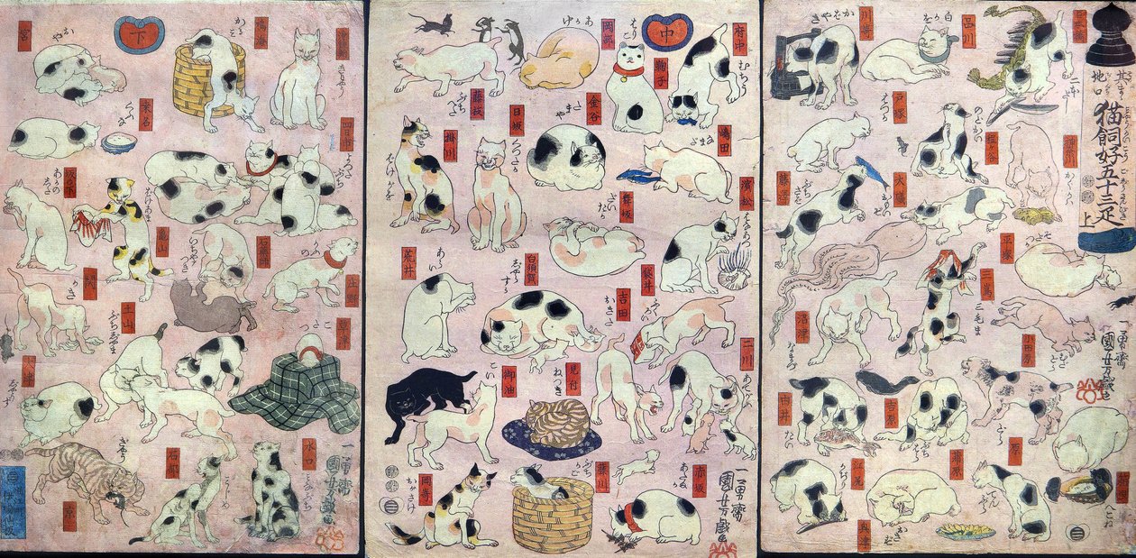 ثلاثة وخمسون قطط مثل التورية لأسماء المحطة على طريق توكايدو (Sono mama jiguchi myōkaidō gojūsan biki) ، حوالي عام 1848 بواسطة Utagawa Kuniyoshi