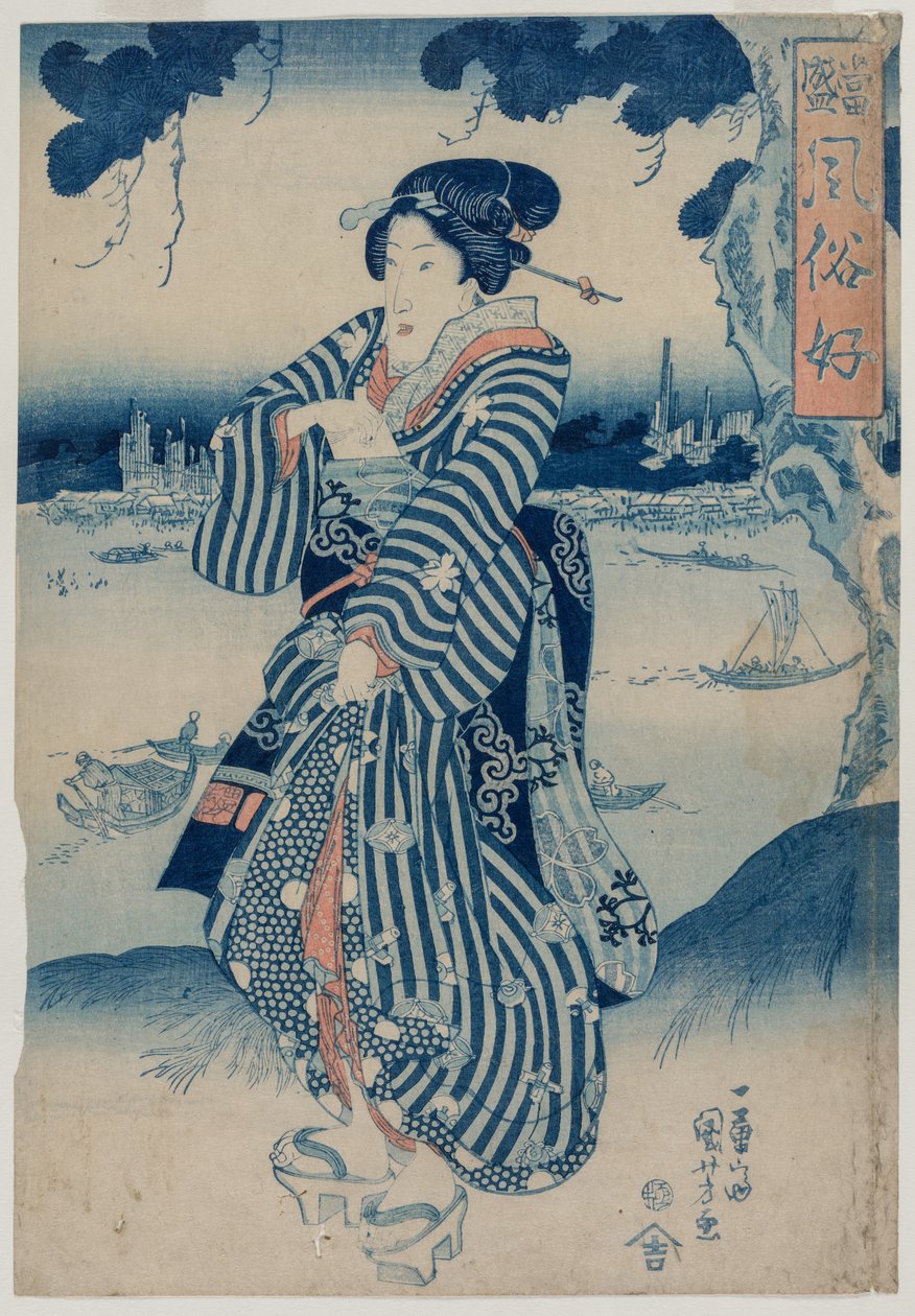 الغيشا واقفة على ضفة نهر سوميدا ، في أوائل الثلاثينات من القرن التاسع عشر. بواسطة Utagawa Kuniyoshi