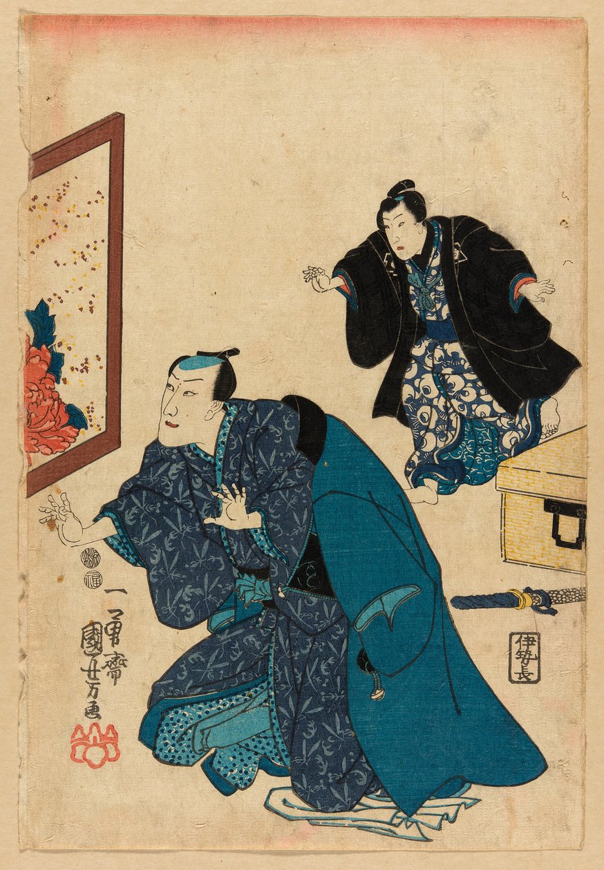 Ichikawa Danjuro VII أمام شاشة مزينة بالفاوانيا بواسطة Utagawa Kuniyoshi