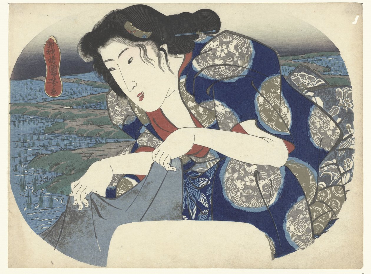 امرأة تغسل الملابس بواسطة Utagawa Kuniyoshi