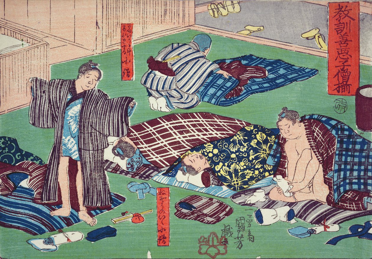 تعليم أخلاقي للمتسوقين ، إعطاء أمثلة جيدة وسيئة للسلوك ، 1857 (طباعة لوح خشبي ملون) بواسطة Utagawa Kuniyoshi