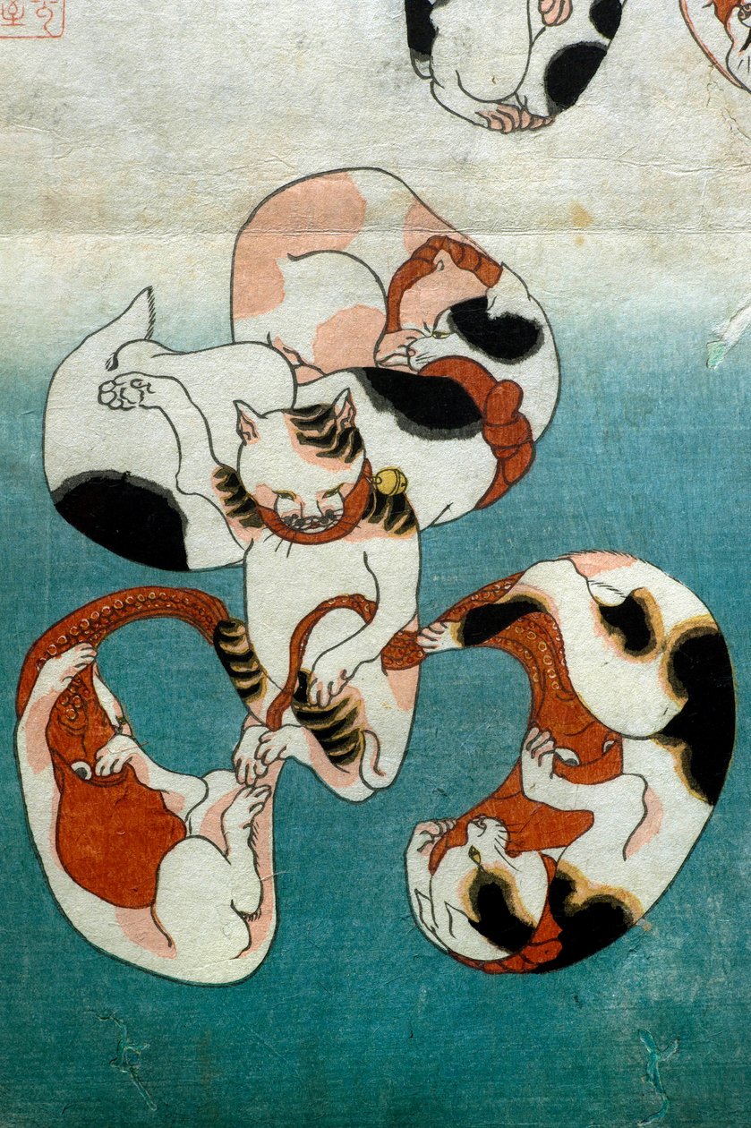 قطط سلسلة الأخطبوط تشكل أحرفًا مكتوبة (Neko no ateji) ، حوالي عام 1842 بواسطة Utagawa Kuniyoshi